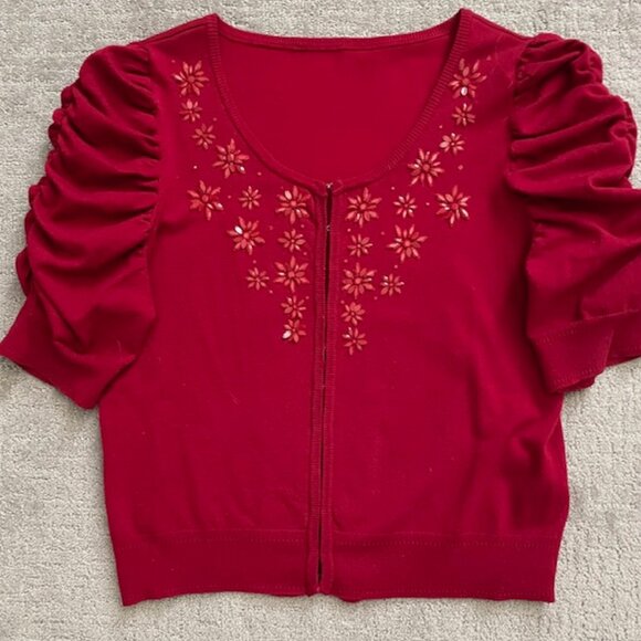 Red Beaded Holiday Sweater with Ruched Sleeves - Picture 3 of 4